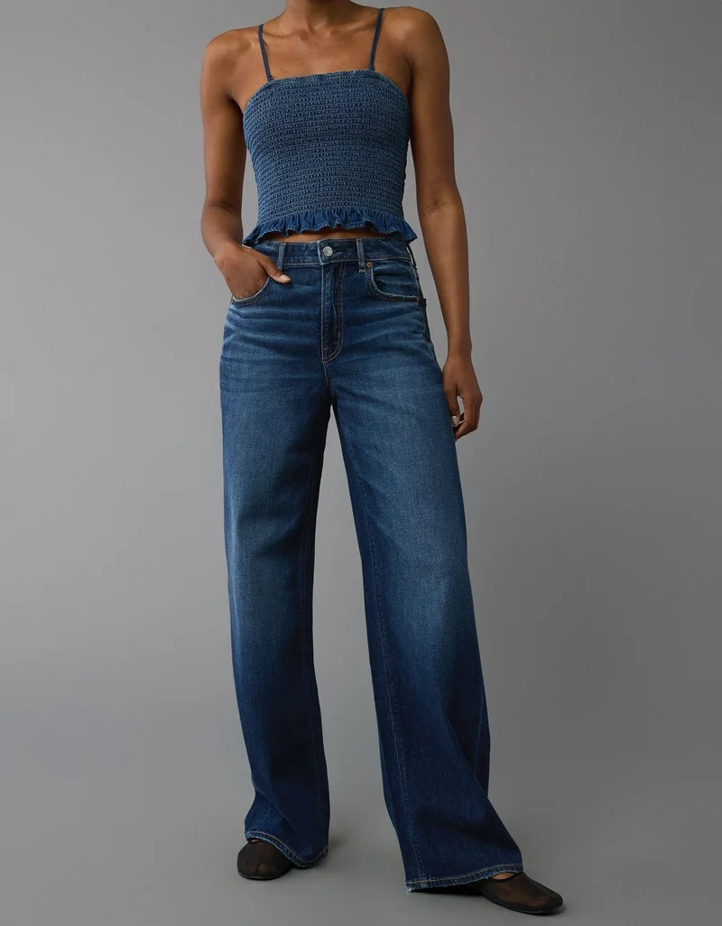 امريكان ايجل جينز بساق فضفاضة وخصر مرتفع من نسيج دريمي دريب المطاطي للغاية